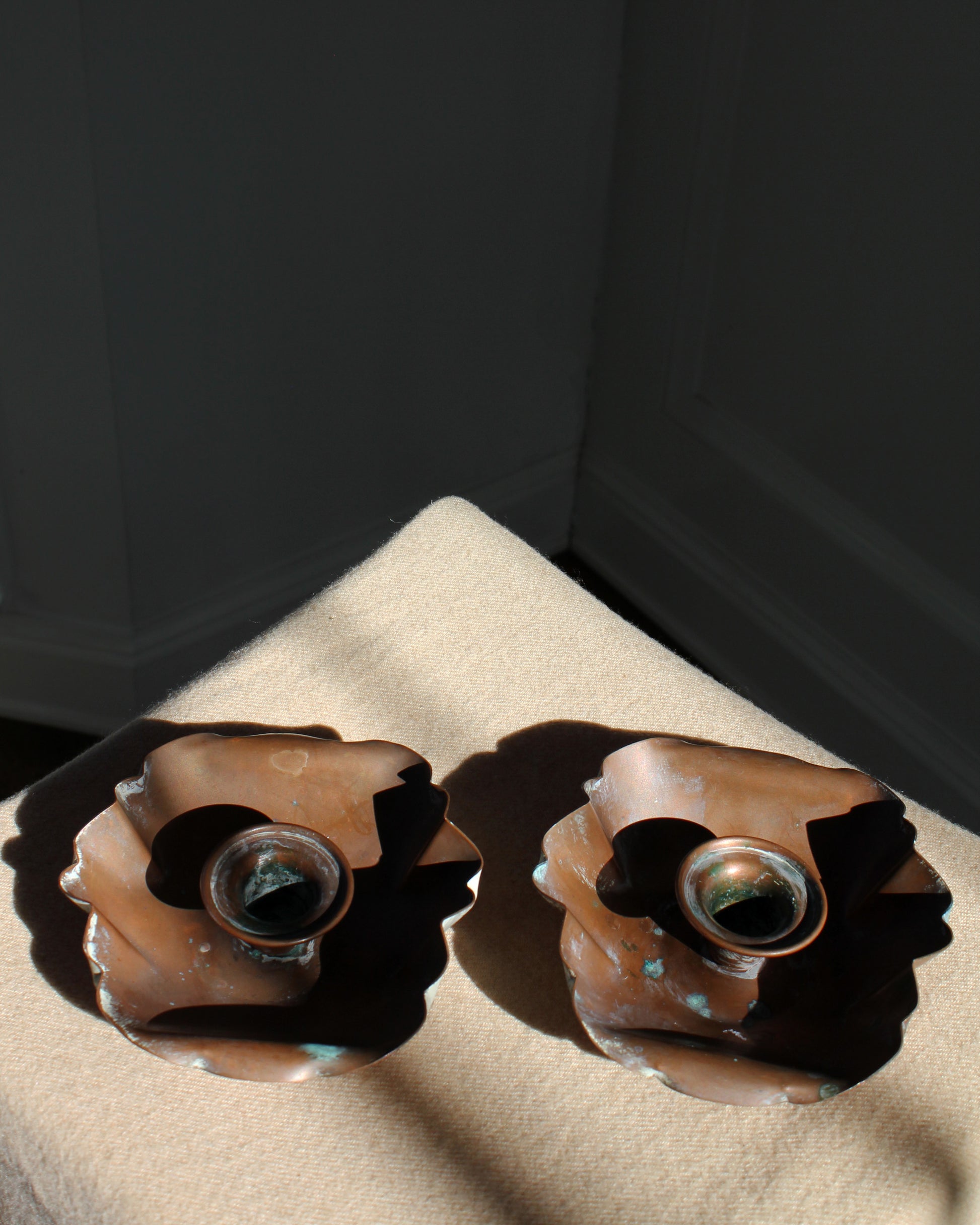 Vintage Copper Candle holders with patina, pair