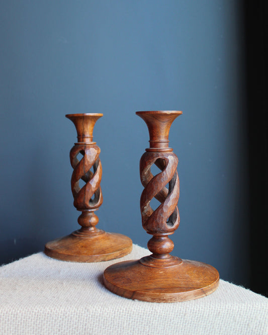 Open Barley Twist Treenware Candlesticks, Pair