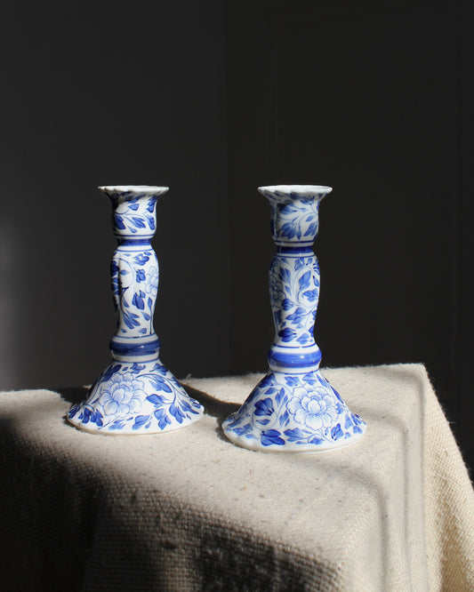 Ceramic Dutch Delft Candlesticks, Pair