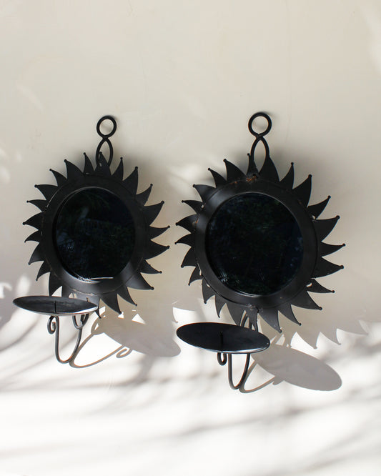 Mirrored Metal Sun Candle Sconce, Pair