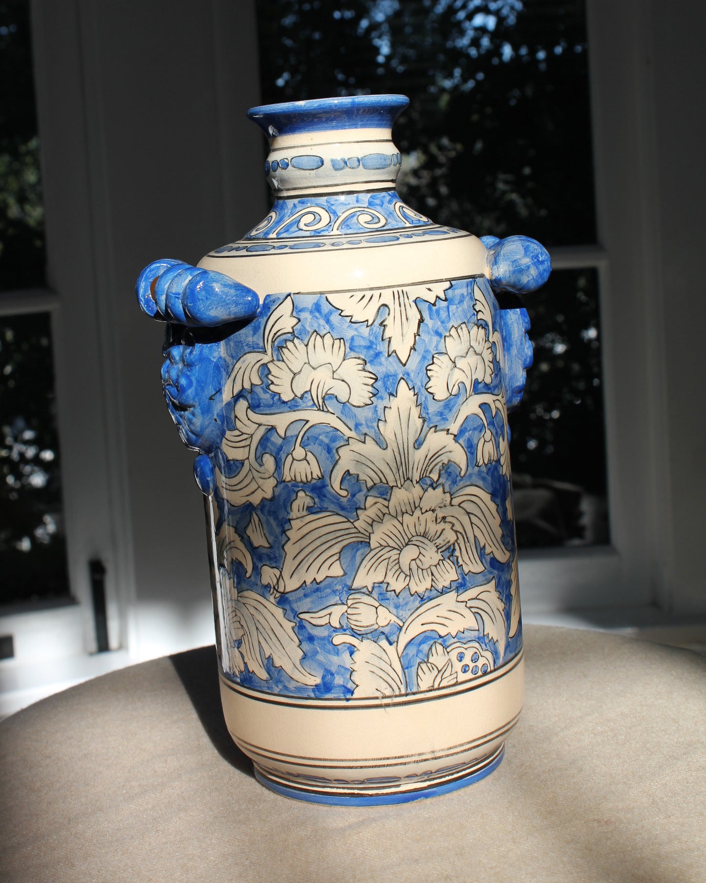 Chinoiserie Style Handpainted Vase Floral Blue and White 