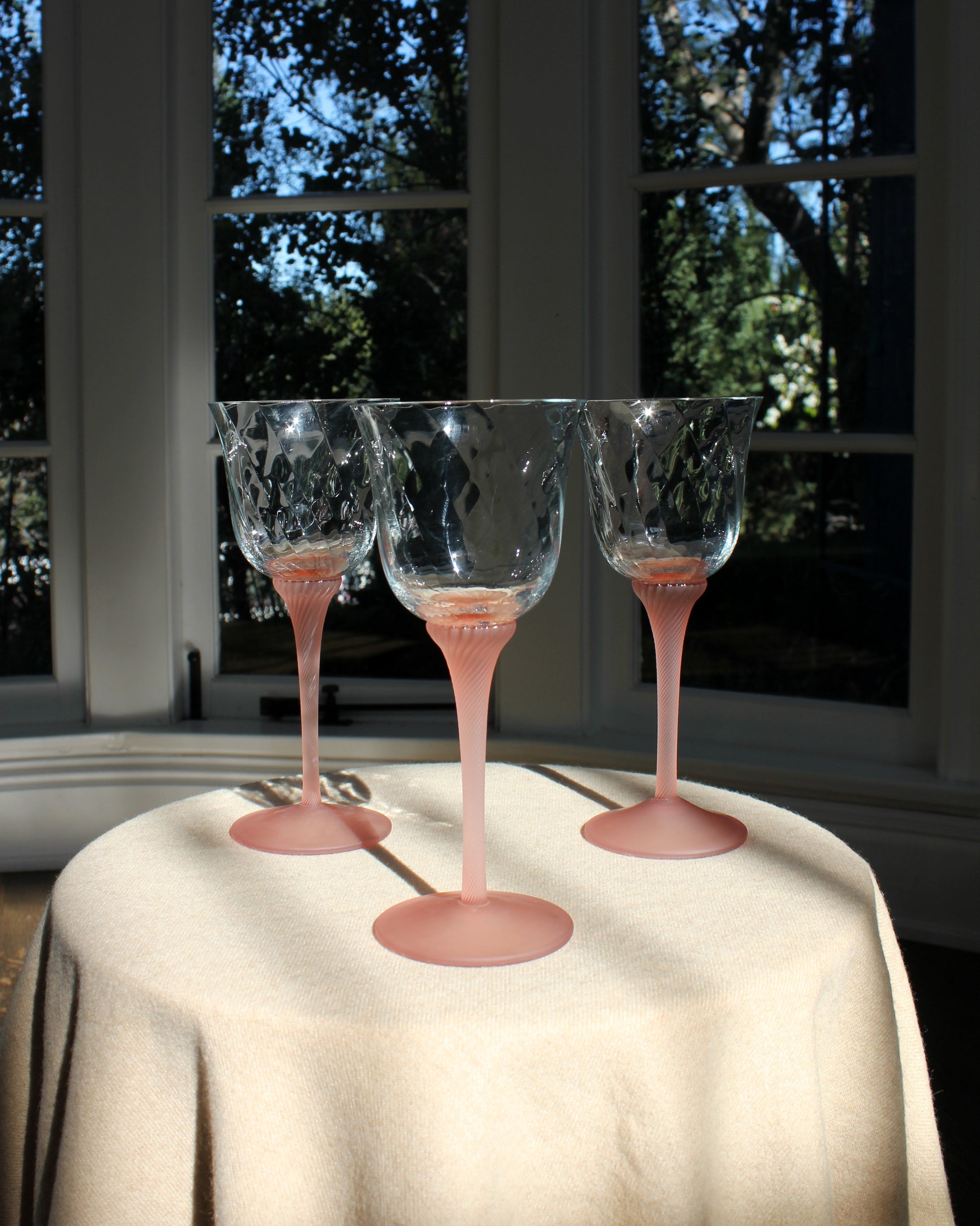 Frosted Rose Stem Swirl Depression Wine Glasses, Set of 3