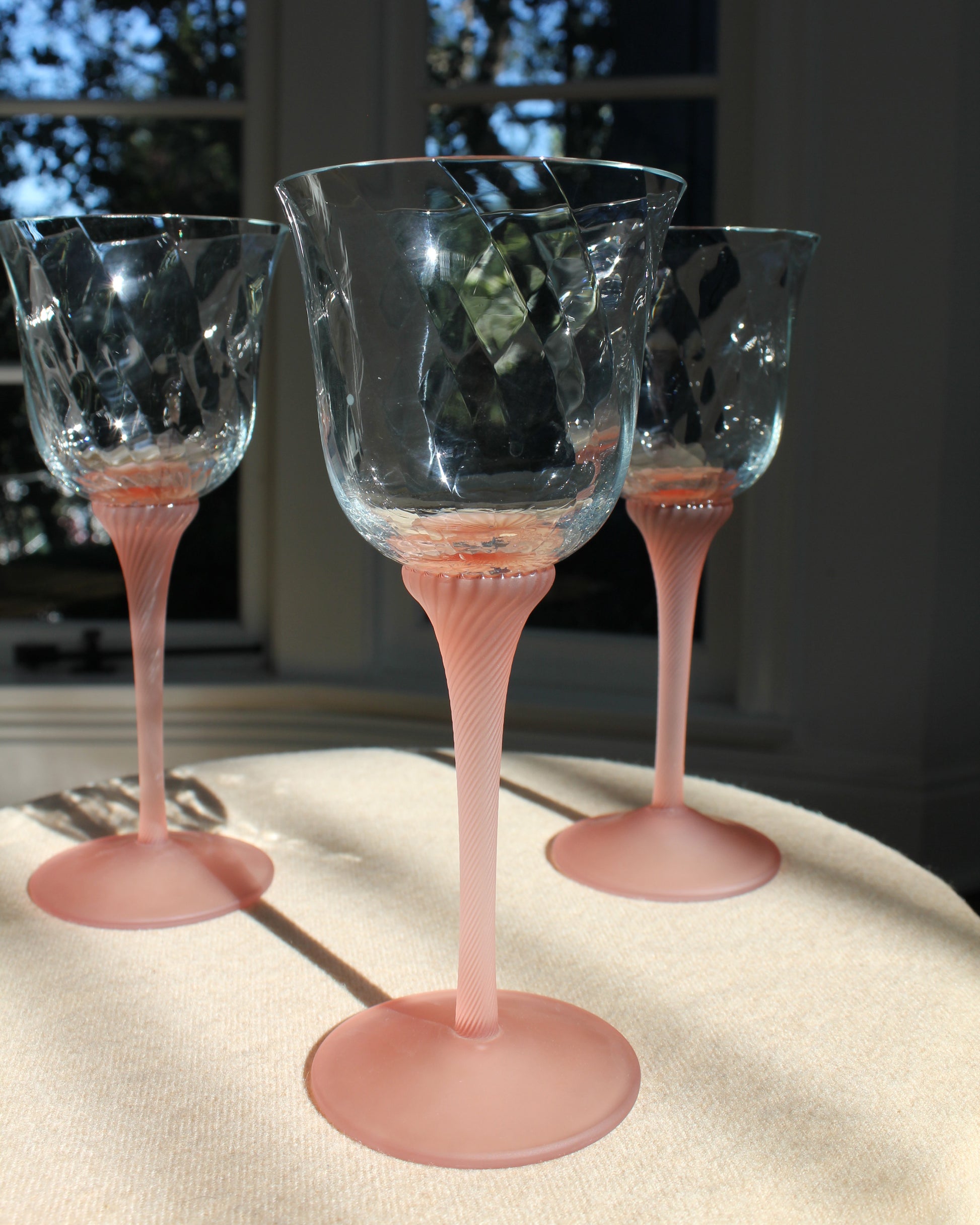 Frosted Rose Stem Swirl Depression Wine Glasses, Set of 3